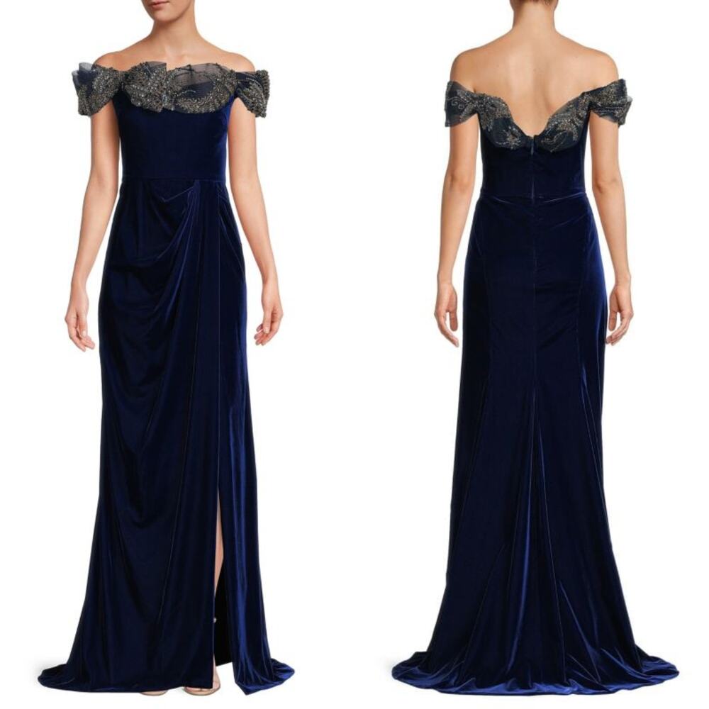 Marchesa Off The Shoulder Embellished Velvet Gown Blue Beaded Size 8 Preowned